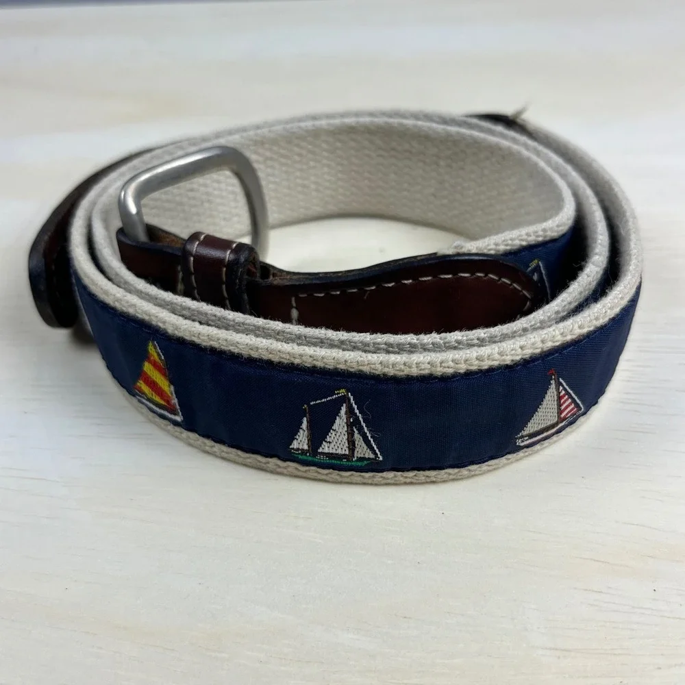 Nautical Sailboat Canvas Leather Belt Navy Solid Brass Buckle Size 34 preppy